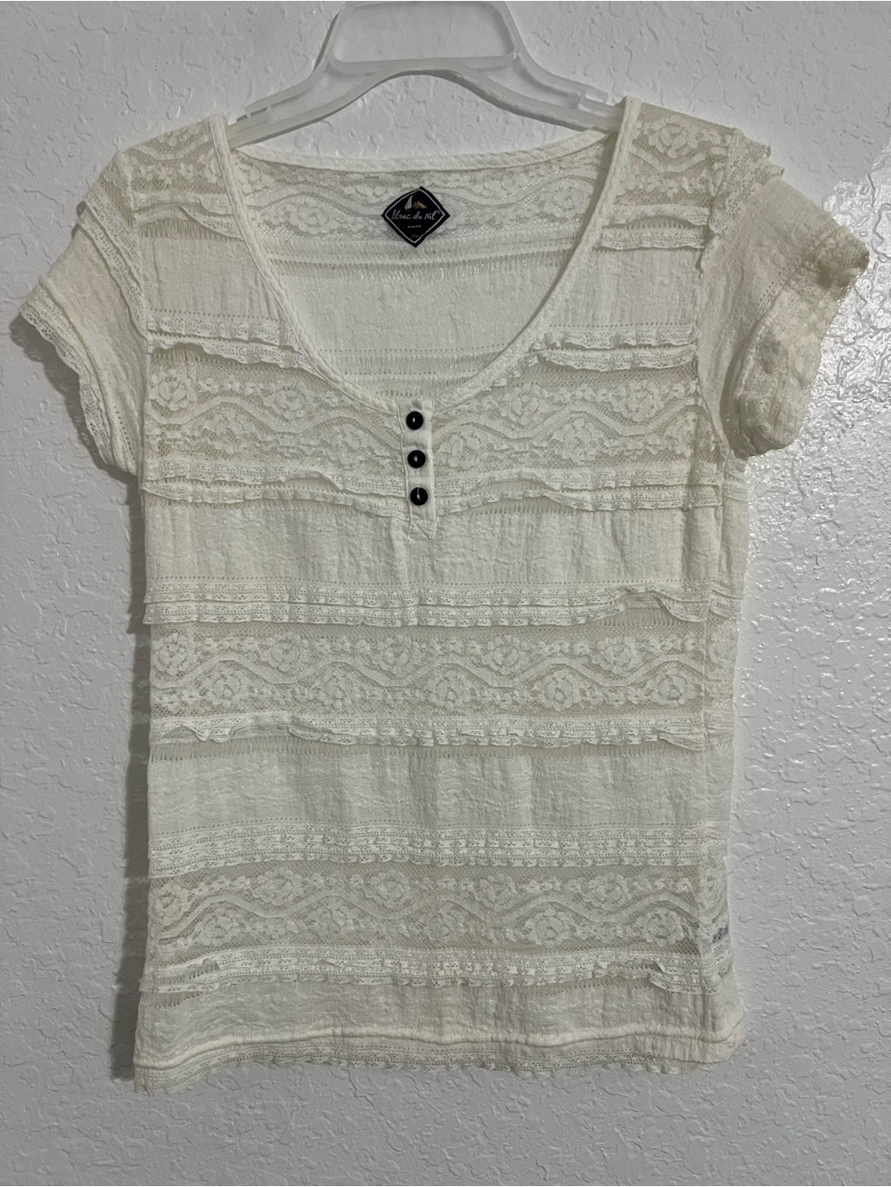 BLANC DU NIL Lace Short Sleeves  Women S Top White Cotton Scoop Neck T3-40  #665
